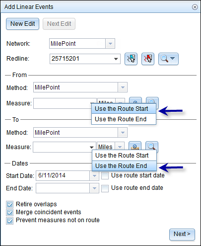 Get the from and to measure values of the event from the route start and route end values Get the from and to measure values of the event from the route start and route end values